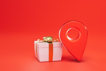 delivery of gifts to the specified address. gift box and dot gps on a red background. 3D render