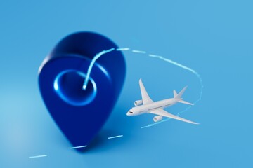 travel by plane. an aircraft flying on the specified path and a gps point on a blue background. 3D render