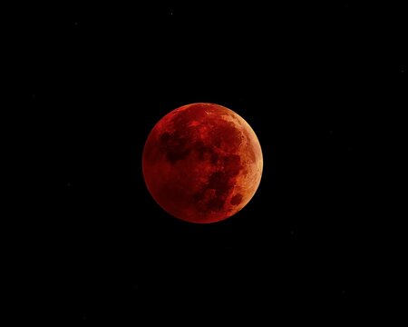 Clear view of the lunar eclipse in the dark sky - red moon