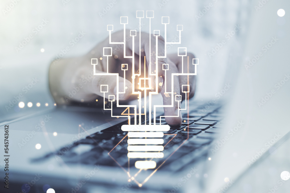 Poster creative idea concept with light bulb and microcircuit illustration and hands typing on laptop on ba