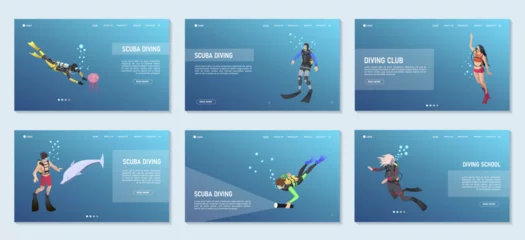 Fotobehang Scuba diving poster. Snorkeling set template isometric concept. Traveling, touristic, sport activity, summer underwater hobby landing page for web design. Extreme people, divers. Vector illustration © GN.STUDIO