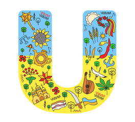 Stylized letter U in doodle style with symbols of Ukraine. Set of elements.