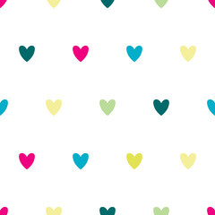 Seamless pattern with colorful hearts on white background. 