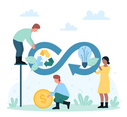 Circular economy, waste recycling, efficient energy consumption and management vector illustration. Cartoon tiny people with circulation infinity sign use sustainable sources for industry production