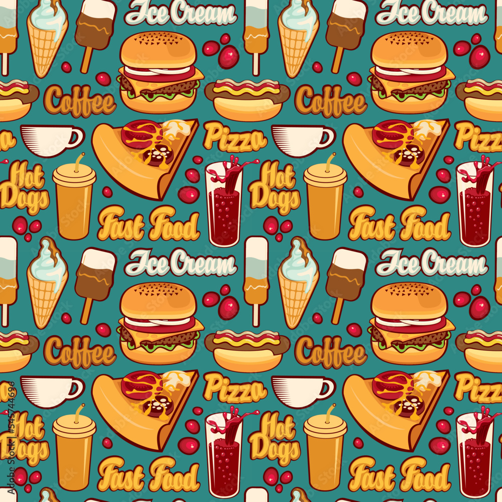 Aufkleber seamless pattern with drawings and inscriptions in retro style. vector cartoon background on the the