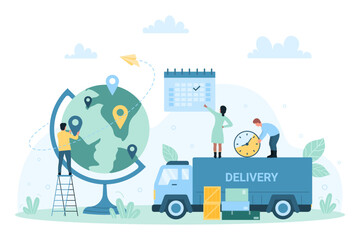 Global logistic distribution service, worldwide import, export vector illustration. Cartoon tiny people put location pin on globe, hold clock, plan delivery of goods by truck using planner calendar - obrazy, fototapety, plakaty