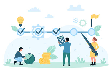 Project milestone to progress toward business goal vector illustration. Cartoon tiny people holding pen to mark milestones of growth with checkmarks, journey to achieve flag of mission in journey