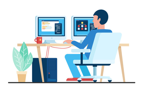 Online Work Of Man In Office Or Home Workplace, Back View Vector Illustration. Cartoon Male Employee Character Sitting In Chair With Coffee At Computer Monitors, Programmer And Developer Working