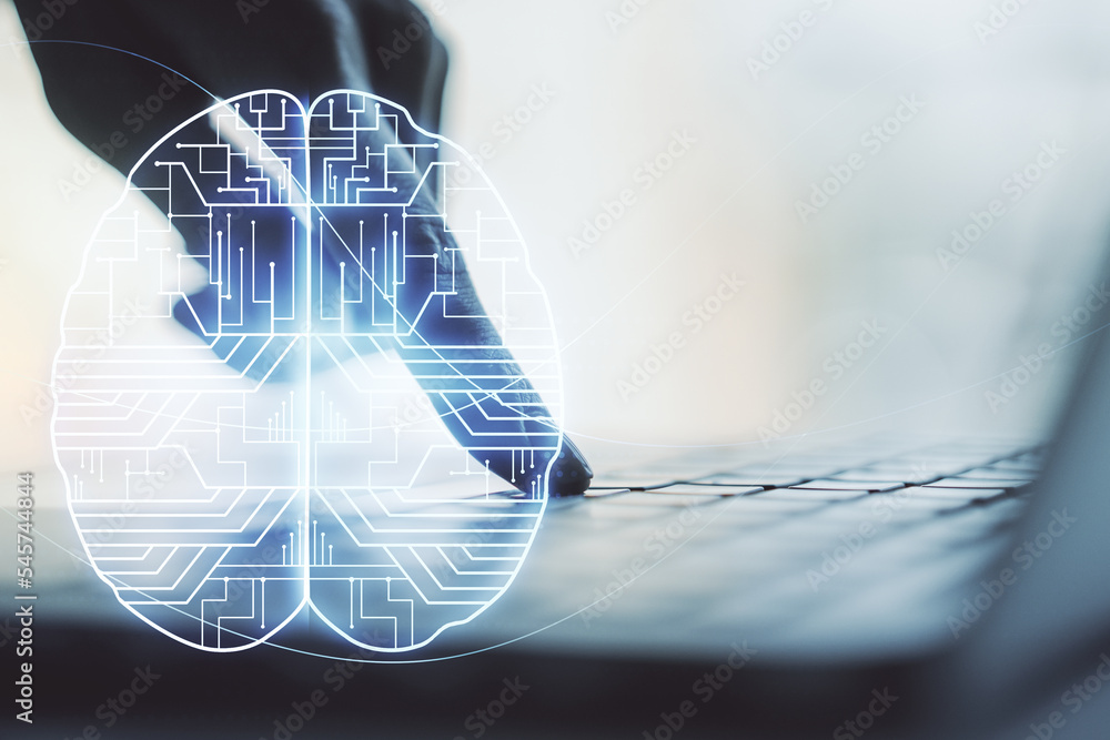 Poster double exposure of creative human brain microcircuit with hand typing on computer keyboard on backgr