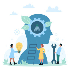 Expertise of creative ideas, brainstorm vector illustration. Cartoon tiny people replace broken light bulb with bright lamp, repair gear in abstract human head, success thinking and learning process