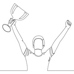 Continuous line drawing Champion Player lifting trophy icon vector illustration concept