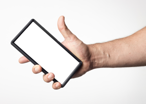 Hand and arm of a man holding a cell phone with a blank screen on a nuclear white background.