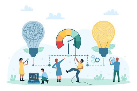 Creative success solution, insight and imagination vector illustration. Cartoon tiny people work with innovation system, connecting with wires dark light bulb with tangle inside to bright lamp