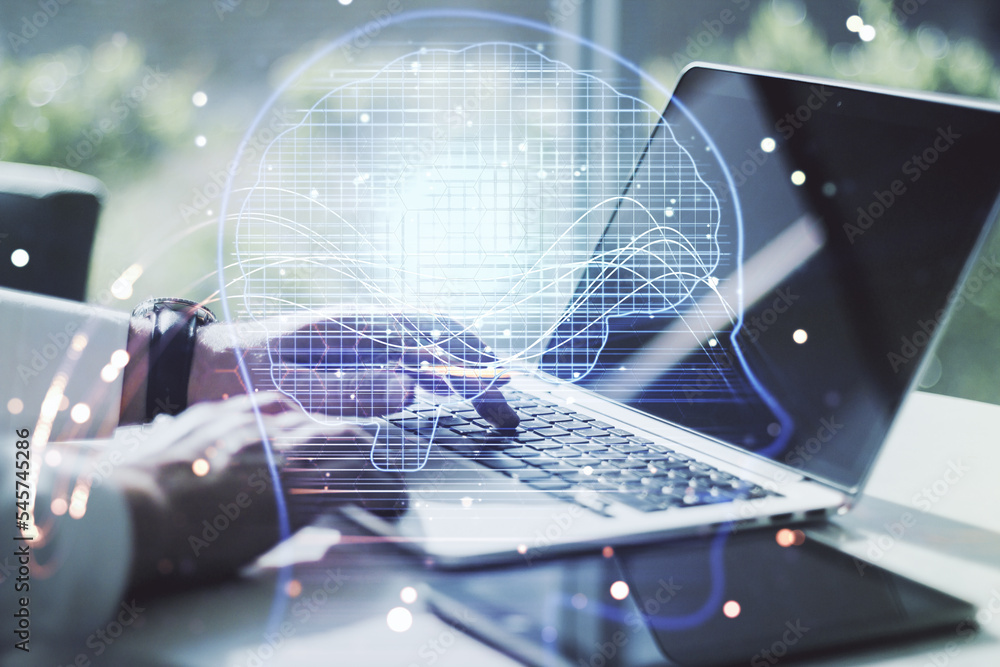 Poster double exposure of creative artificial intelligence symbol with hands typing on laptop on background