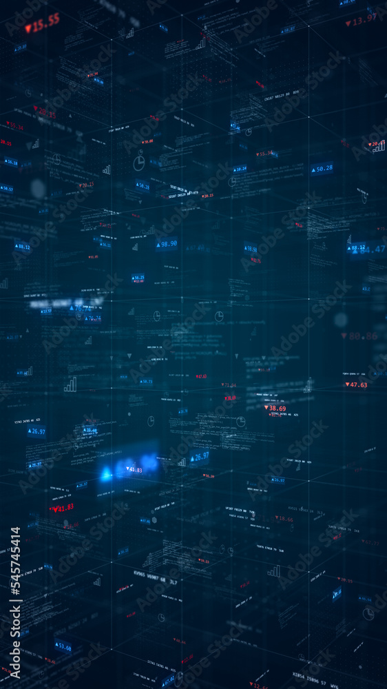 Poster red and blue digital number investment and technology icon with program code levitation on futuristi