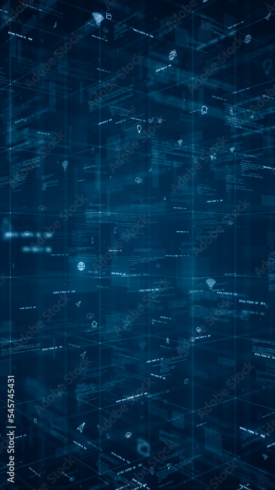 Poster blue digital cyberspace and technology icon with program code levitation on futuristic technology ab