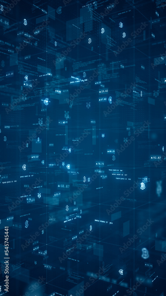 Poster blue digital cyberspace and money icon with program code and element icon levitation on futuristic t