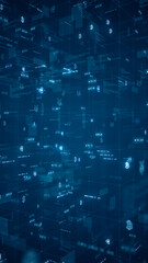 Naklejka premium Blue digital cyberspace and money icon with program code and element icon levitation on futuristic technology vertical abstract background
