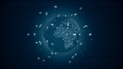 Blue earth sphere with technology icon and communication icon on abstract background futuristic technology concept