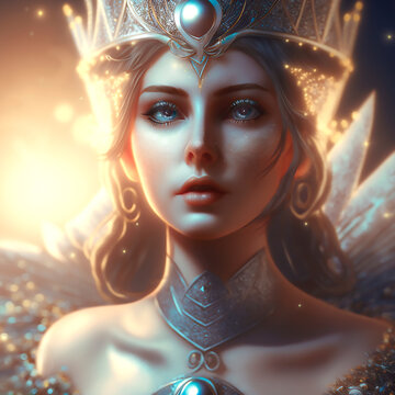 Hyper realistic digital art of an elegant fantasy elf queen with blond hair and a crown with gems, AI based artwork