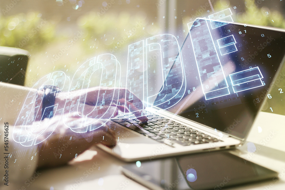 Poster creative code word hologram and hands typing on computer keyboard on background, artificial intellig
