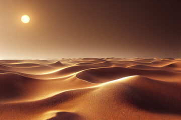 3d render Beautiful Arabian desert with warm gold colors at sunset - obrazy, fototapety, plakaty