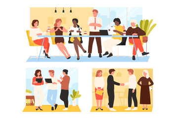 Office meeting set vector illustration. Cartoon business people and leader discuss startup and work at desk together, brainstorm on project by colleagues, contract agreement and handshake of partners