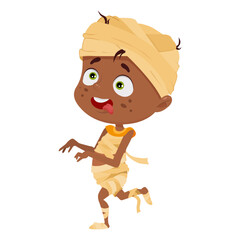 A african-american boy in a mummy costume. Vector illustration on a white background for invitation, cards with Halloween theme party.
