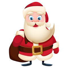 Cartoon Santa Claus in a red suit holds a bag of gifts. Merry Christmas and Happy New Year Isolated vector cartoon illustration for greeting card, banner and more.