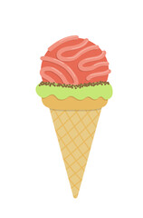 Ice cream. Waffle cone with pink scoop. Flat, cartoon, vector