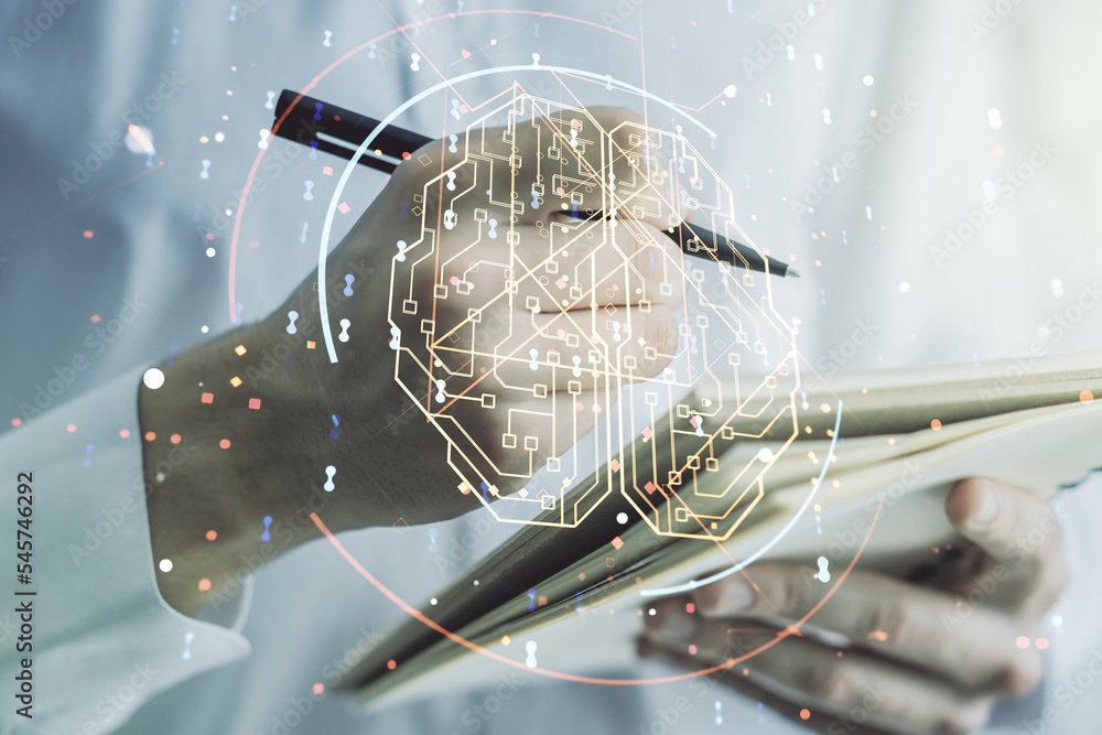 Poster double exposure of creative artificial intelligence symbol with man hand writing in notebook on back
