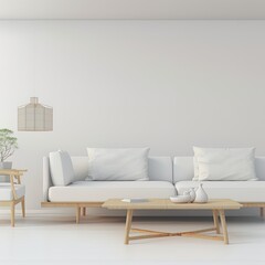 interior house with simple white background mockup. White sofa and natural wooden furniture. modern space panorama, 3d render, 3d illustration