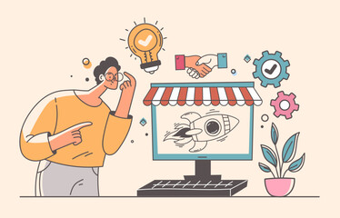 Business people outline style team marketing work development startup abstract concept. Vector graphic design illustration element