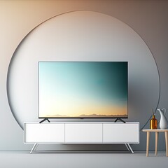Smart Tv Mockup on stand, living room. 3d rendering