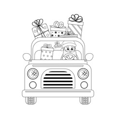 Coloring page. Santa Claus is driving car with presents. Black and white Santa in pickup. Vector