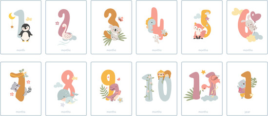 Baby monthly numbers cards. Newborn months postcards, babies milestone decor. Number from 1 to 11 with cute animals, nowaday vector celebration banners