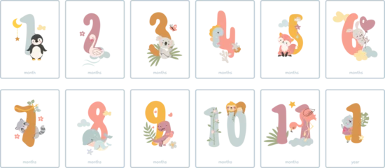 Foto op Plexiglas Baby monthly numbers cards. Newborn months postcards, babies milestone decor. Number from 1 to 11 with cute animals, nowaday vector celebration banners © MicroOne