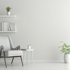 Empty wall mock up with chair, shelf with books and plant in vase in clean white living room interior. 3D rendering.