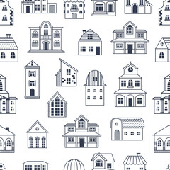 Cute doodle homes seamless pattern. Tiny houses, line architecture elements. Village or country style, outline buildings. Neoteric scandinavian vector print