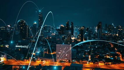 Smart digital city with connection network reciprocity over the cityscape . Concept of future smart wireless digital city and social media networking systems that connects people within the city .