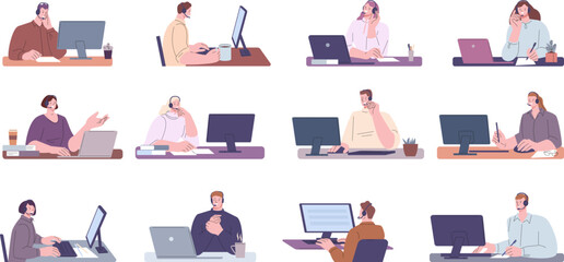 Call center worker characters. People talk, representative man or manager. Support and helping service, helpline for customer. Kicky vector person in headset