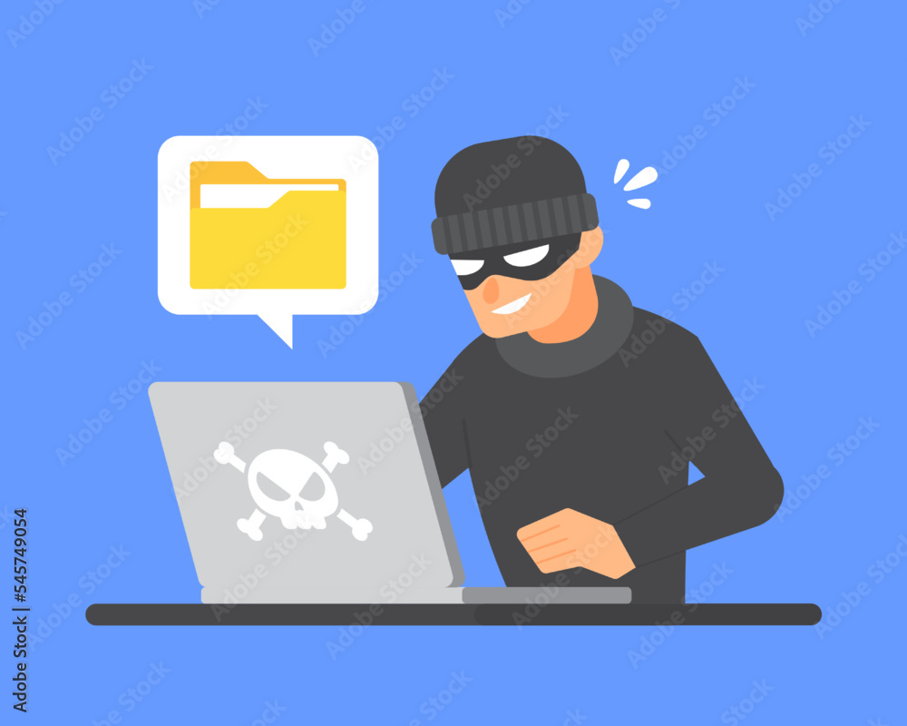 Poster hacker using laptop to steal document folder. concept of data breach, cybercrime, computer system ha