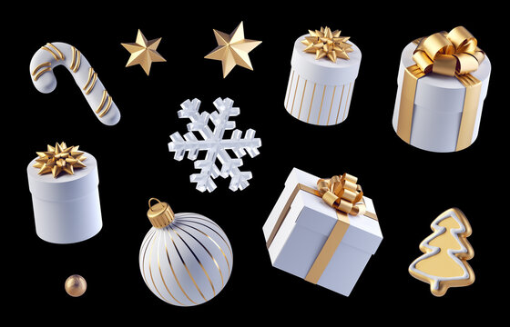 3d render, white and gold Christmas ornaments and gift boxes, collection of festive clip art elements isolated on black background