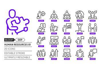 Human resources 01 related, pixel perfect, editable stroke, up scalable, line, vector bloop icon set.