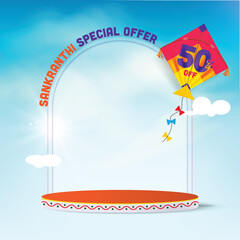 Sankranti special offer written on kite and podium for product