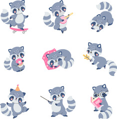 Cartoon flat raccoon character. Funny raccoon, happy animal mascot various poses. Cute wildlife nowaday children vector character, adorable stickers