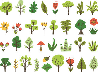 Doodle forest nature elements, scandinavian eco collection. Sketch birch, abstract flowers and trees. Garden tree and bush neoteric vector nordic set