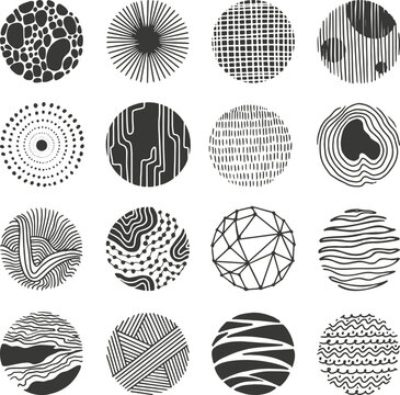 Decorative round grunge elements. Hand drawn spot, doodle sunburst and spiral. Pencil drawing abstract circle shapes. Neoteric scribble pattern vector kit