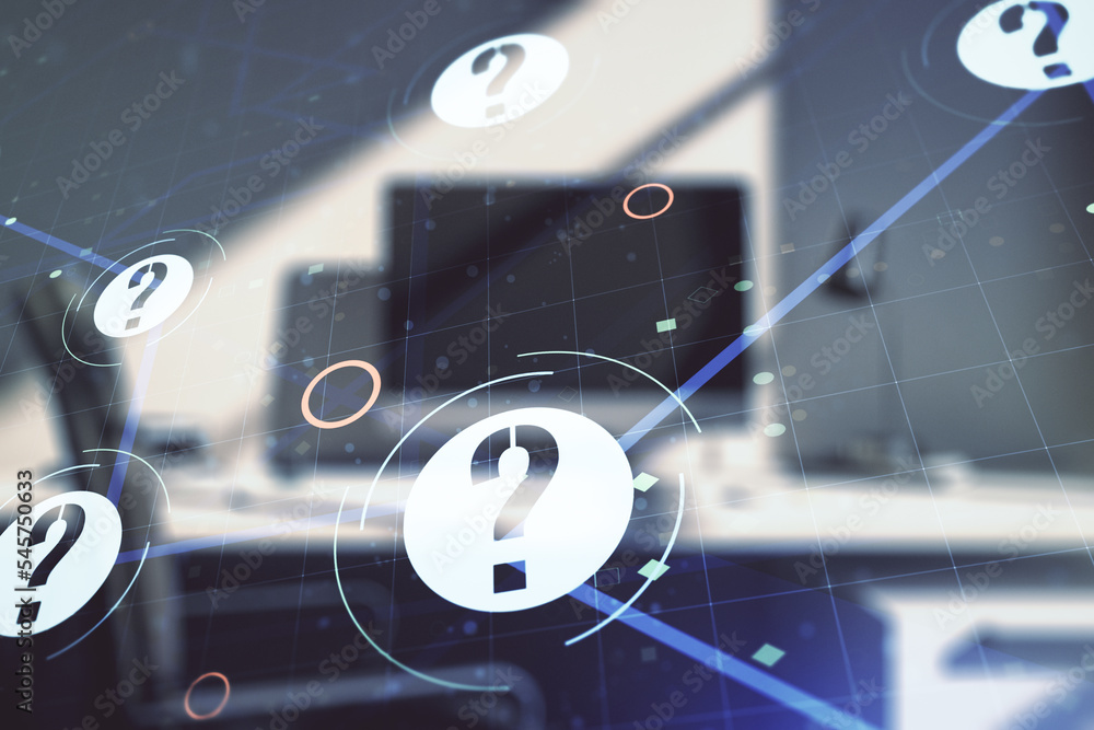 Aufkleber creative abstract question mark hologram and modern desktop with pc on background, future technology