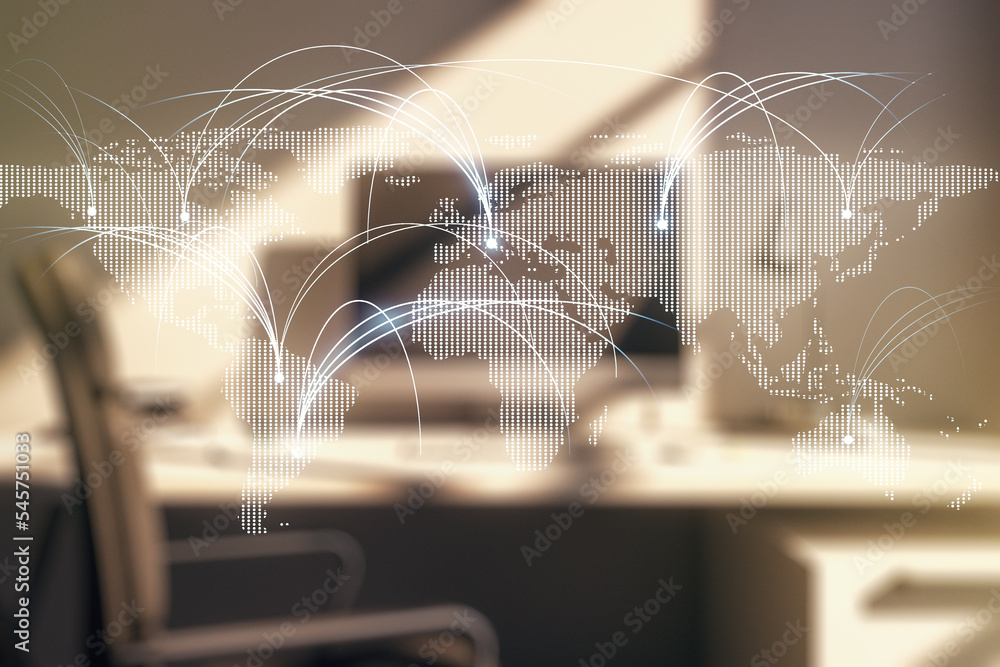 Aufkleber Double exposure of abstract digital world map with connections and modern desktop with laptop on background, research and strategy concept